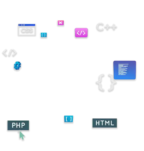a few small boxes having containing HTML, PHP, CSS and C++